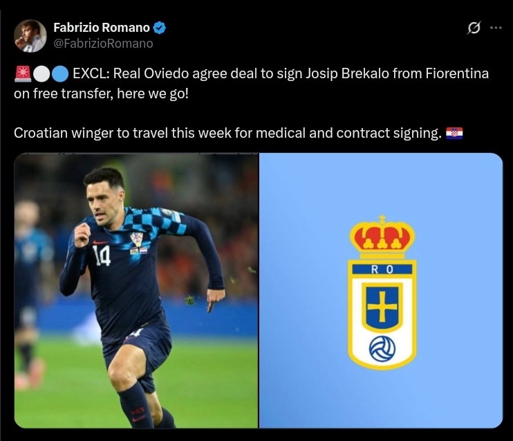 罗马诺确认：布雷卡洛自由身加盟皇家奥维耶多，交易达成！
